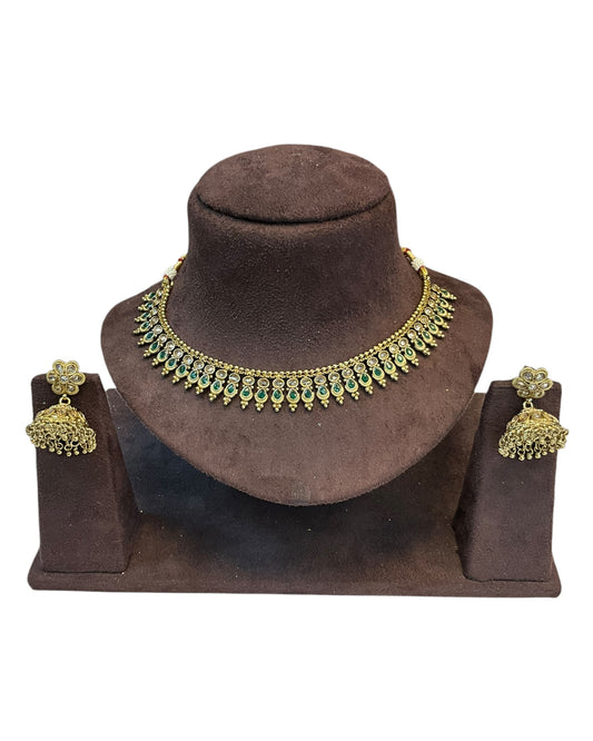 Green - Small Size Antique Gold Finish Necklace Set - AE2507 C 0525