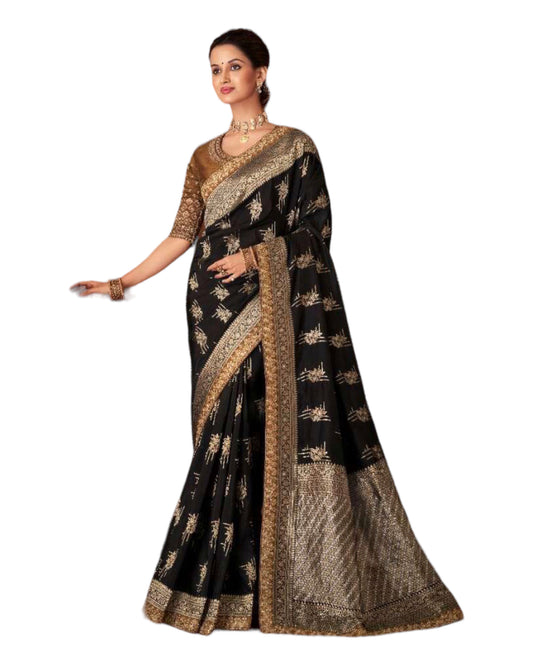 Black - Banarasi Silky Saree with Fancy Ready made Blouse - ANM7005 JT 1123