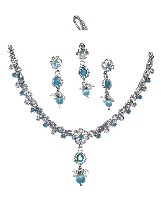 Light Blue - Small Size Silver Finish Necklace Set with Earrings & Head Piece /Tika- SLV78 11Ap24