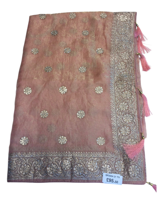 Coral - Tissue Chiffon - Party Wear Embroidiered Saree with Blouse Piece - SP250421 TV