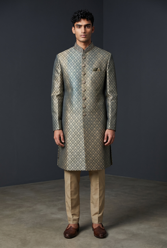 Bottle Green - Rich Banarasi Briocade Mens Sherwani Set with Smart Pants - Weddings / Walimas , Sangeet, Eid, Mehndi / Henna - SHU2601 TV 0526