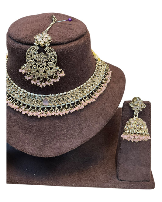 Baby Pink  - Medium Size Antique Gold Finish Necklace Set with Earrings & Tika Head piece - GGA05  KV 0525