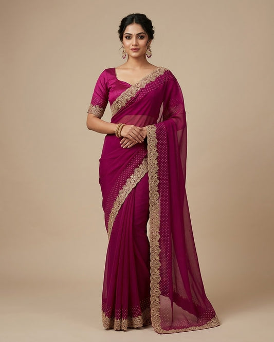 Magenta / Rani - Saree with Thread / Stone Work and Blouse Piece - UK stock - 24hr Dispatch - SP2612 KR