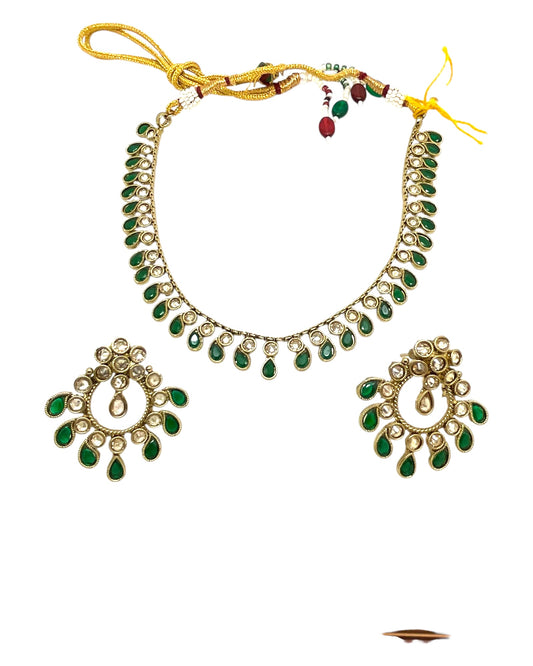 Green - Small Size Antique Gold Finish Necklace Set with Earrings - Bollywood - AE2519 08C25