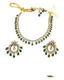 Green - Small Size Antique Gold Finish Necklace Set with Earrings - Bollywood - AE2519 08C25