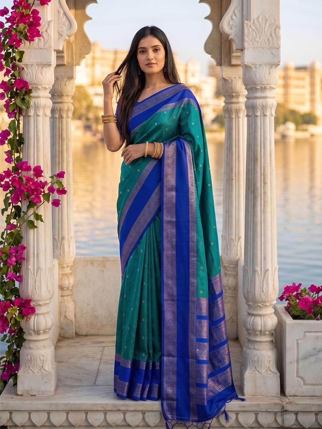 Turquoise - Handloom Saree with Blouse Piece - UK stock - 24hr Dispatch - KM-Kashi 11KY26