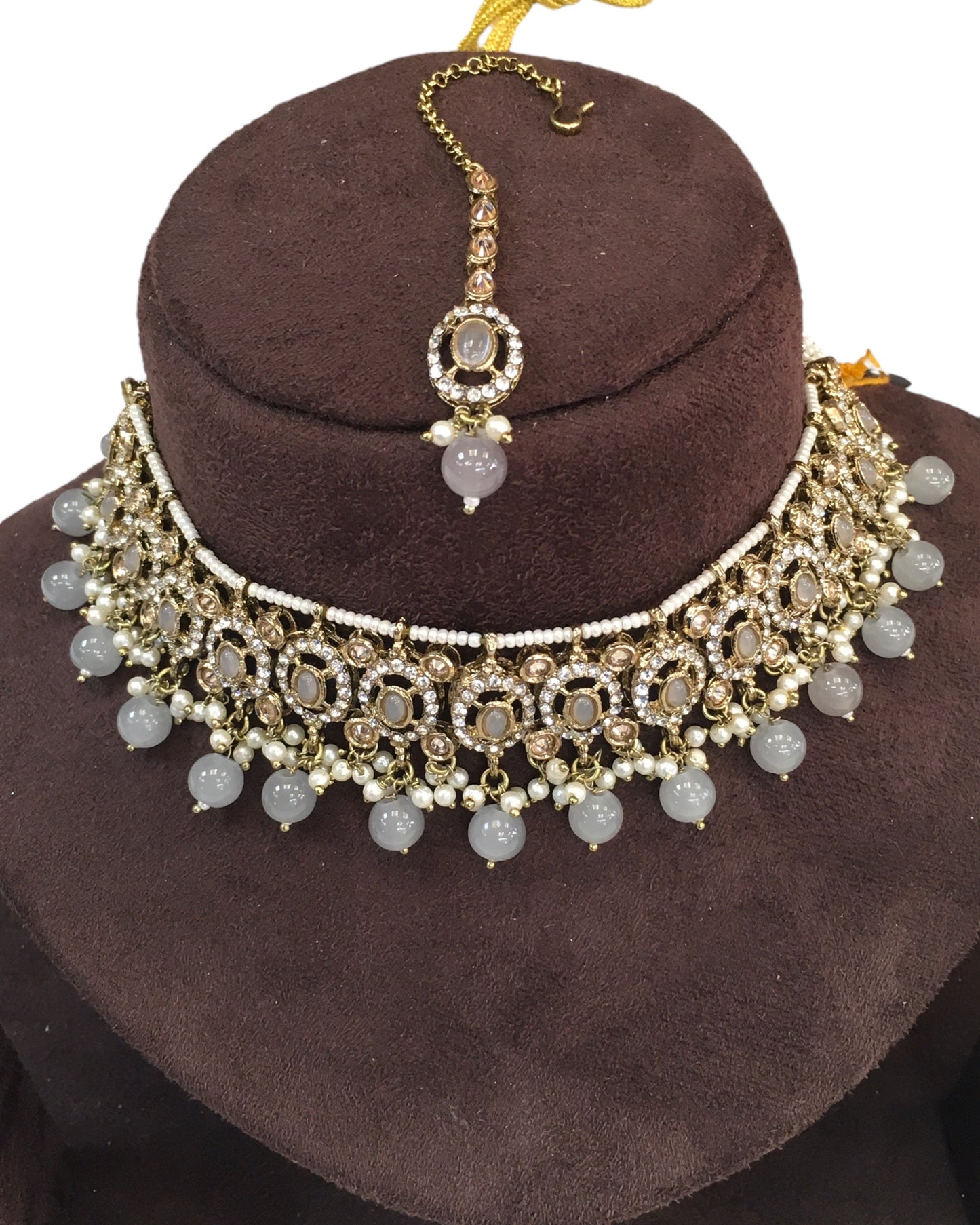 Grey - Medium Size Antique Gold Finish Choker Necklace Set with Earrings - RAK149 C 0424