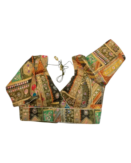 Olive / Mehndi / Henna Green - Banarasi Brocade Saree / Lehenga blouse - 36" Bust (UK 10) Can be let out to size 12 - VFJ204 01KP25