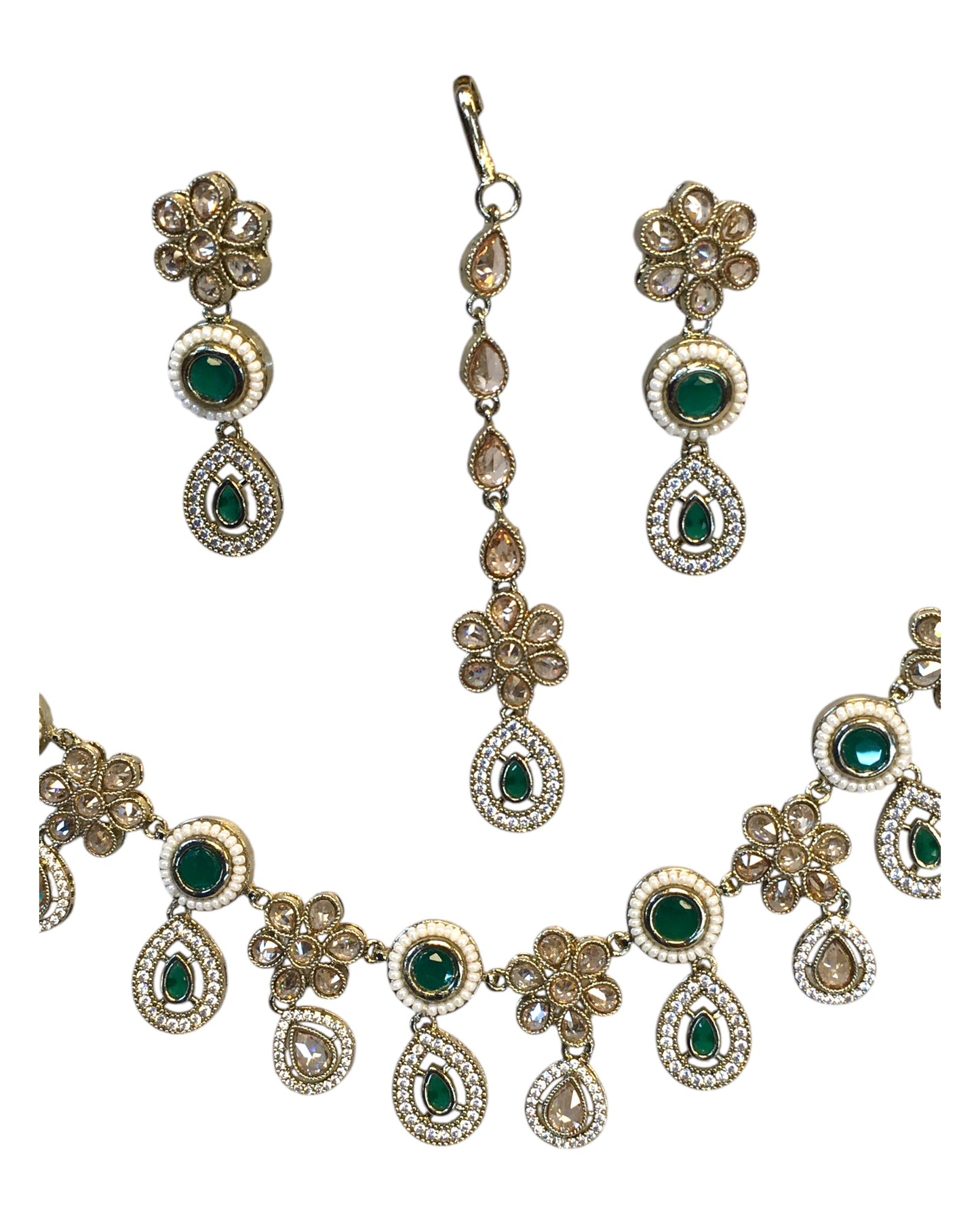 Green - Antique Gold Finish Necklace & Earrings Set - Bollywood - Weddings - KAJ1038 11KV24