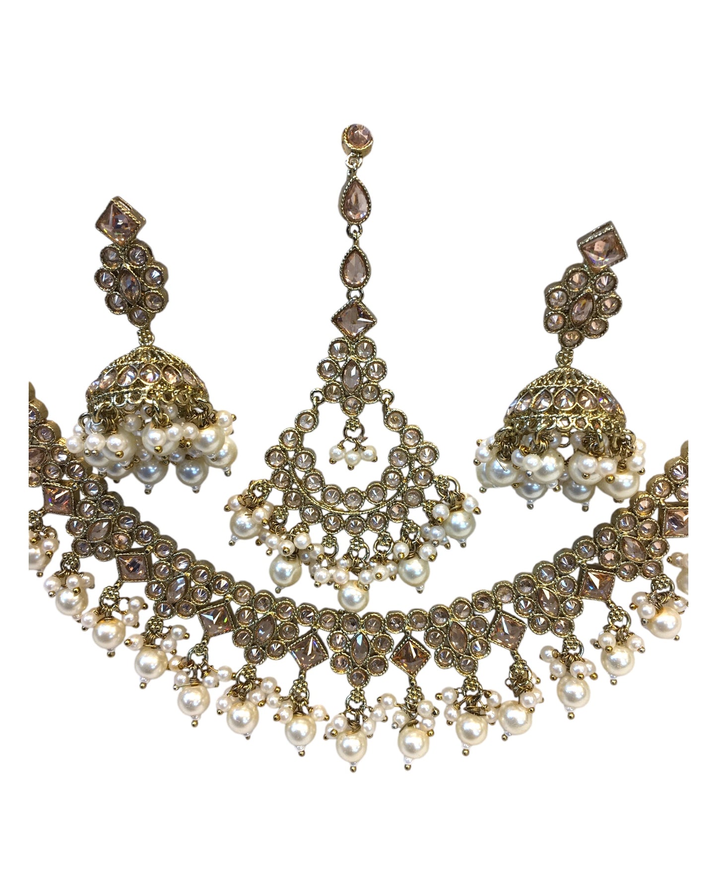 Gold / Neutral - Antique Gold Finish Necklace & Earrings Set - Bollywood - Weddings - KAJ1035 11KK24