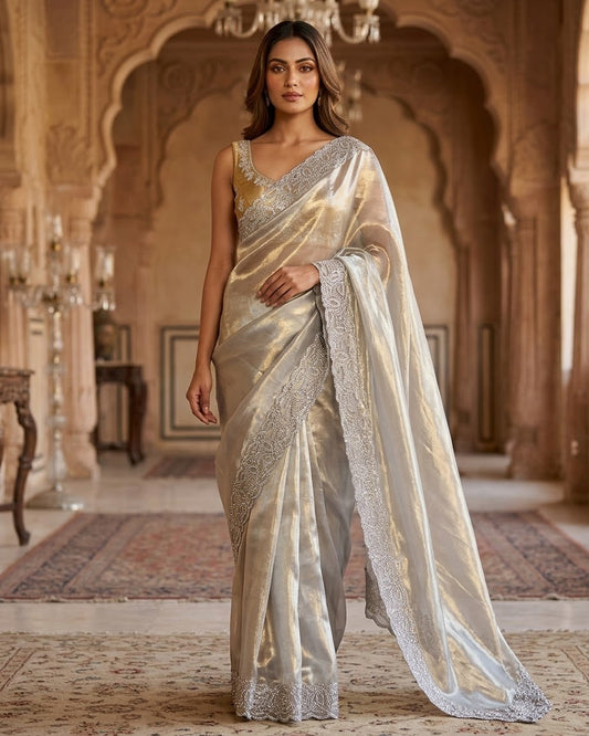 Gold - Saree with Thread / Stone Embroidery and Blouse Piece - UK stock - 24hr Dispatch - SP2621 VC
