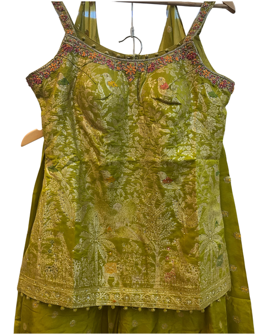 Size 12 (38") - Olive Green - Designer Ladies Medium Spaghetti Top Palazzo Trousers Suit - VMK Dulari JV