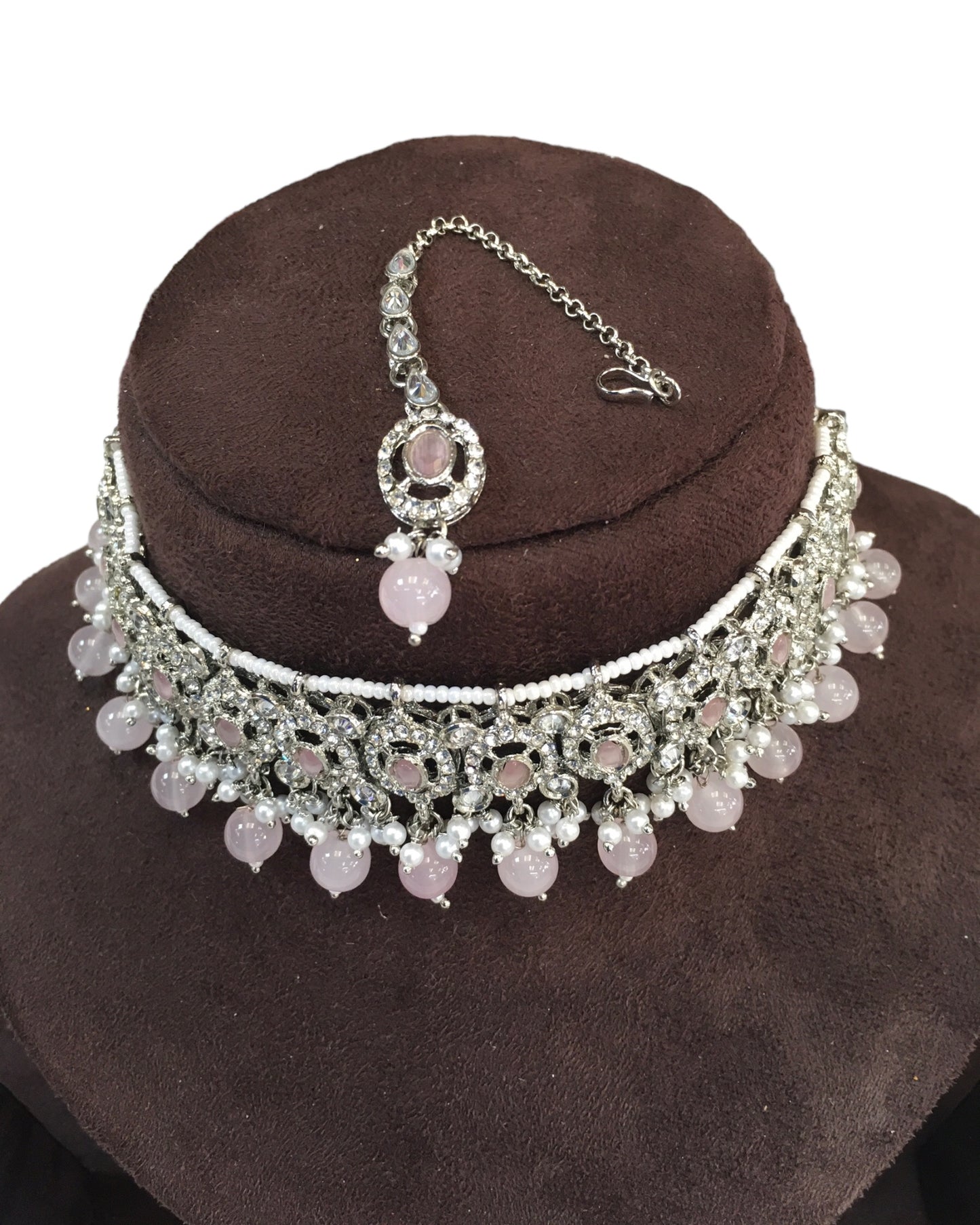 Pink - Medium Size Silver Finish Choker Necklace Set with Earrings - RAK149 C 0424