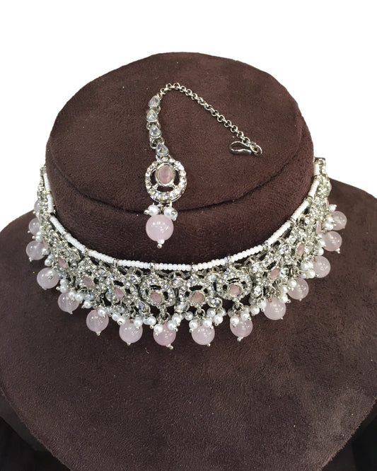 Pink - Medium Size Silver Finish Choker Necklace Set with Earrings - RAK149 C 0424