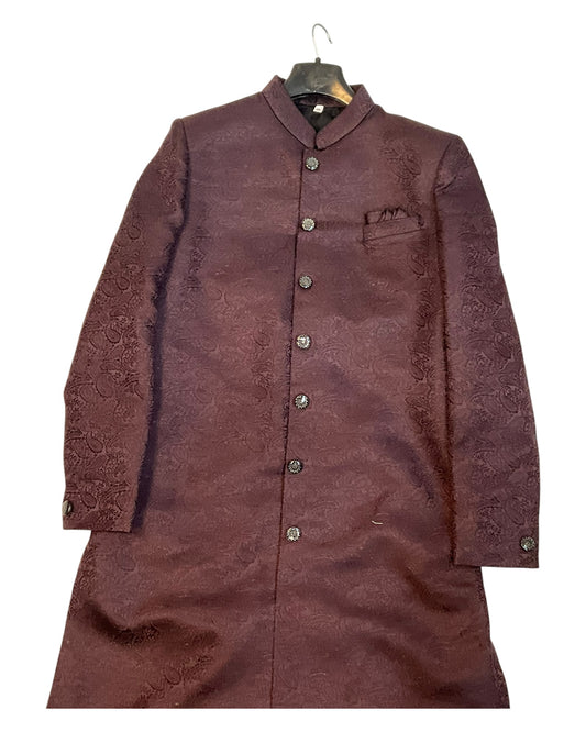 Dark Maroon / Wine - Classic Banarasi Handloom Brocade Sherwani with Gold Buttons - BS788 08JC25