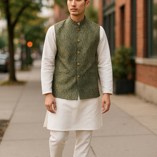 Racing Green - Banarasi Handloom Brocade Mens Waistcoat - UK Stock- Dispatch in 24 hrs - KCS241103 KK