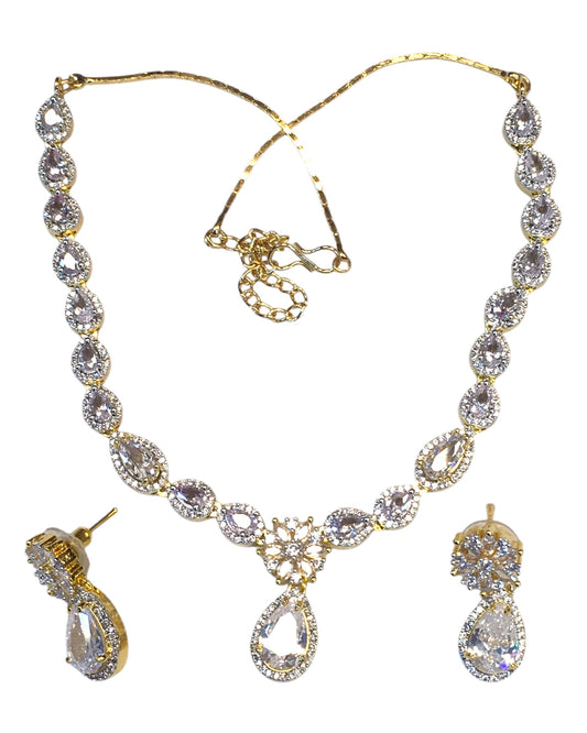 Clear - American Diamond Style Gold Finish Small Size Necklace Set with Earrings - AE2422 11H24