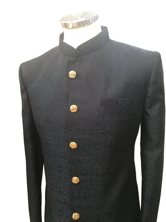 Black - Classic Self Brocade Sherwani with Gold Buttons - BS786 JP 0823
