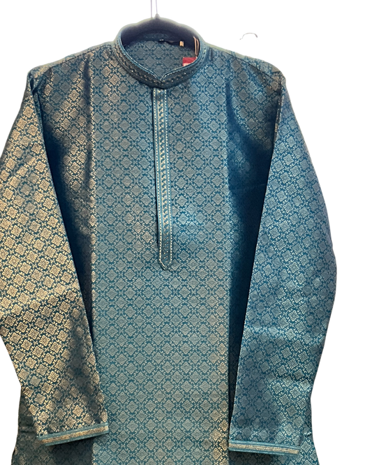 Teal - Men’s Embroidered Jacquard Kurta Set with Trousers - UK Stock - Weddings / Walimas , Sangeet, Diwali, Eid, Mehndi / Henna - VEE3069 VV