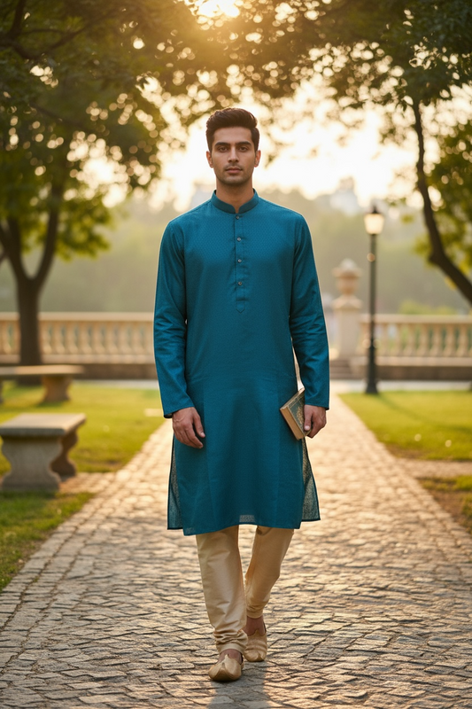 Teal - Banarasi Handloom Brocade Mens Indian Kurta set - UK Stock - Weddings / Walimas , Sangeet, Diwali, Eid, Mehndi / Henna - VEE2521 KJ