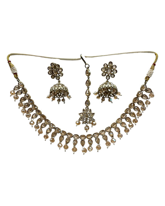 Crystal / Champagne - Medium Size Antique Gold Finish Necklace Set with Earrings & Head Piece - KAJ1054 08A25
