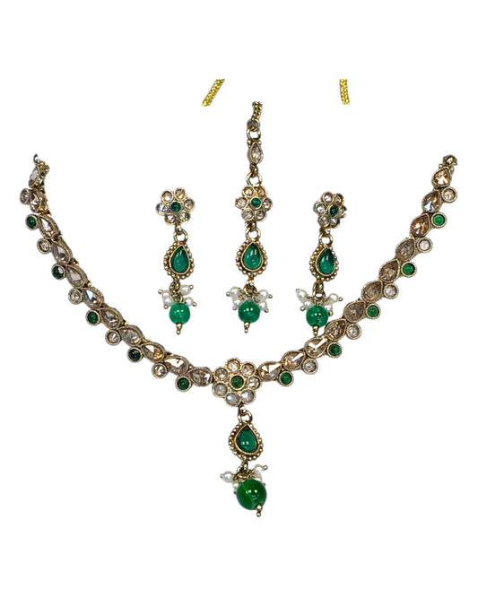 Green - Small Size Antique Gold Finish Necklace Set with Earrings & Head Piece /Tika- SLV78 11Ap24