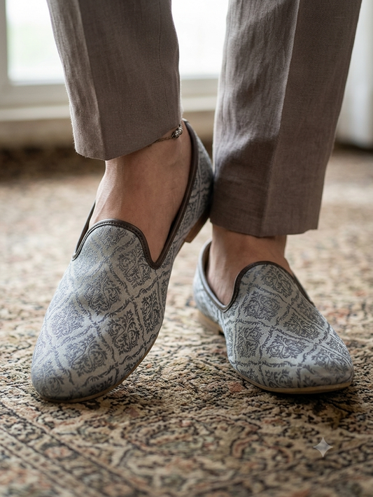 Very Comfortable Silver Grey Brocade Loafer Style Mojri - Indian Mens shoes - Mojari , Khossay - YD2602