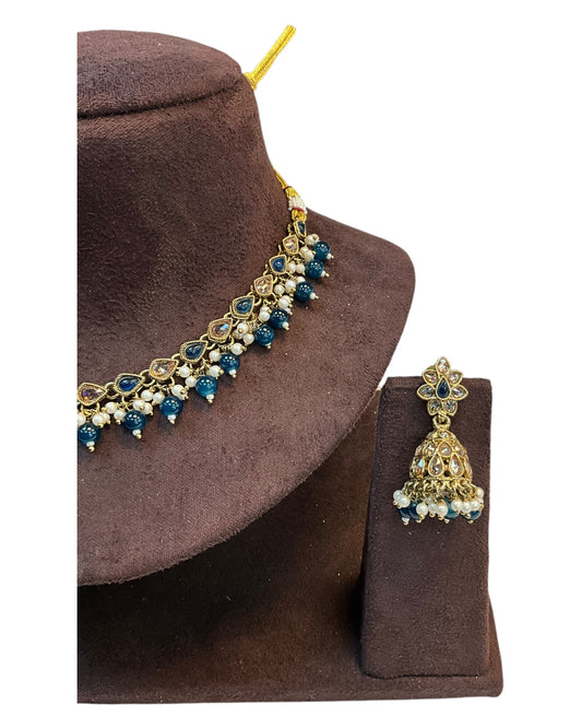 Petrol Blue - Medium Size Antique Gold Finish Necklace Set with Earrings - RAK375 Pp