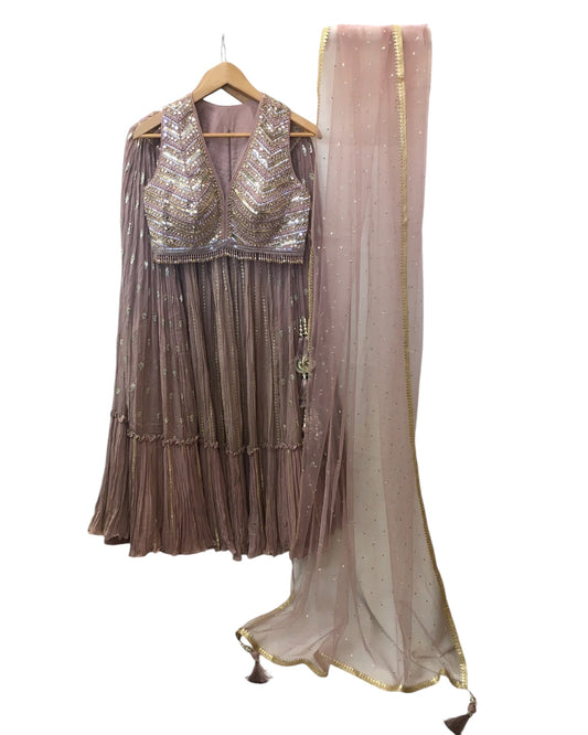 Dusty Pink - Designer Halter Neck Blouse, Chiffon Lehenga Set - Weddings , Sangeet, Henna, Haldi - 24h Dispatch -ZC1333 KKP