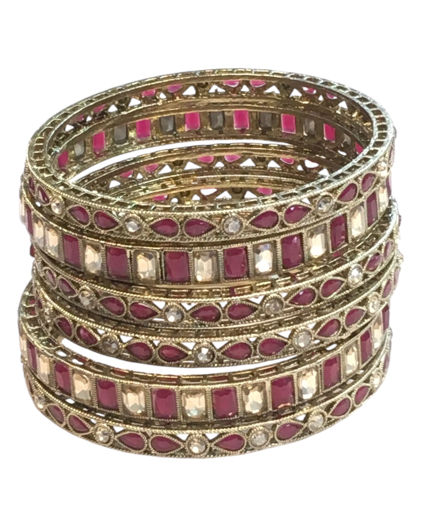 Antique Gold Finish FUCHSIA / MAGENTA Reverse Stone Bangles (Set of 6) - Mix N Match - SR219R