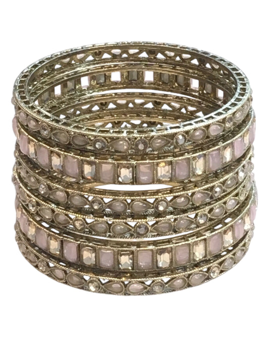 Antique Gold Finish PINK Reverse Stone Bangles (Set of 6) - Mix N Match - SR219R