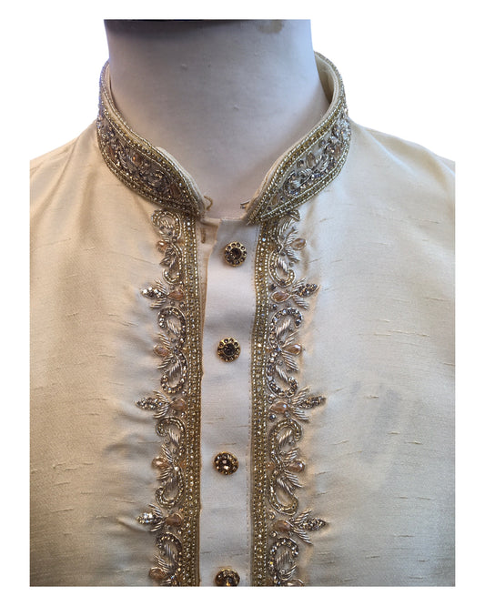 Light Gold - Rich Silky Mens Indian Kurta set with Hand Embroidery - Weddings / Walimas , Sangeet, Mehndi / Henna , Eid / Diwali - BS2506 01TC25