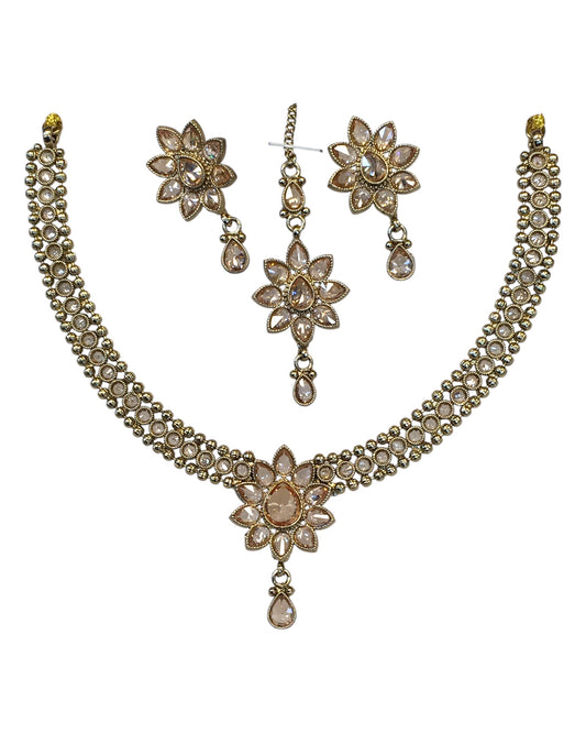 Gold / Neutral - Medium Size Antique Gold Finish Necklace Set with Earrings & Head Piece /Tika- SLV80 11H24
