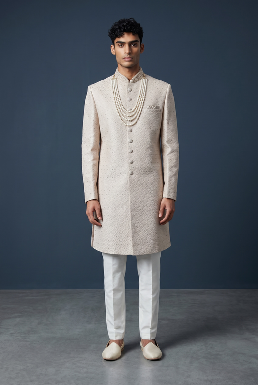 Cream - Rich Banarasi Brocade Sherwani with Pearls and Light Pink Embroidery - JF002 05RP26