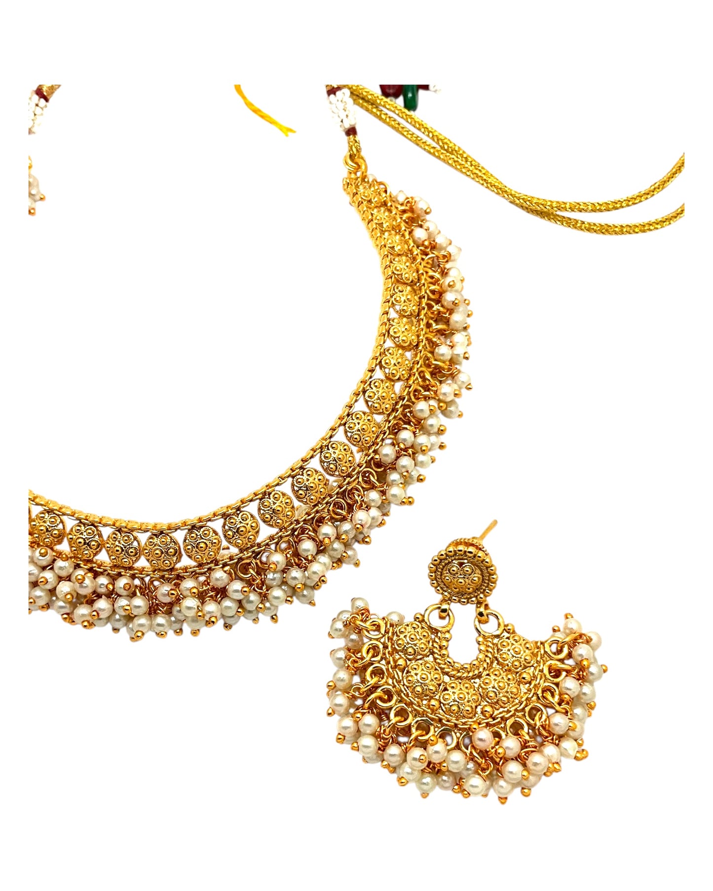 Pearl / Gold - Medium Size Gold Finish Necklace Set with Earrings - Bollywood - AE2515 08C25