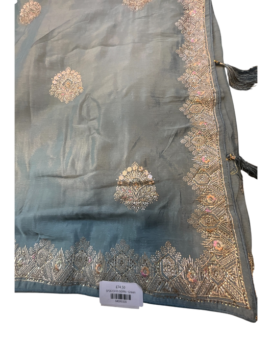 Sea Green - Saree with Thread / Stone Work and Blouse Piece - UK stock - 24hr Dispatch - SP2613 VY