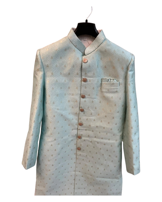Sky / Light Blue - Classic Banarasi Handloom Brocade Sherwani with Gold Buttons - UK Stock - BS787 08JC25