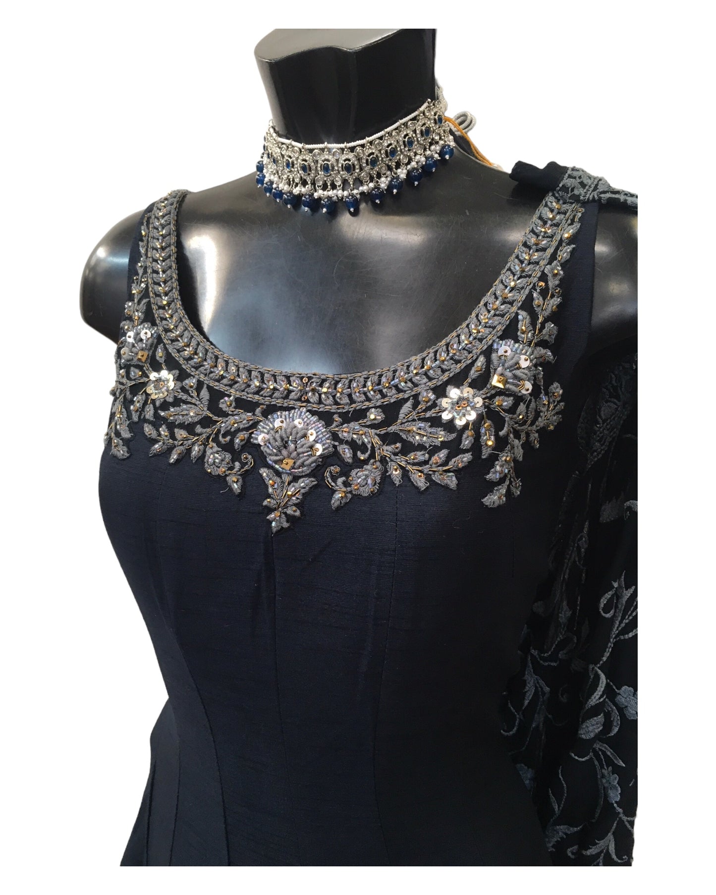 Cotton / Silky Dark Navy Anarakali Long Dress with Grey Embroidery - Size 12 (Bust 38") - Dulhan HY 0724
