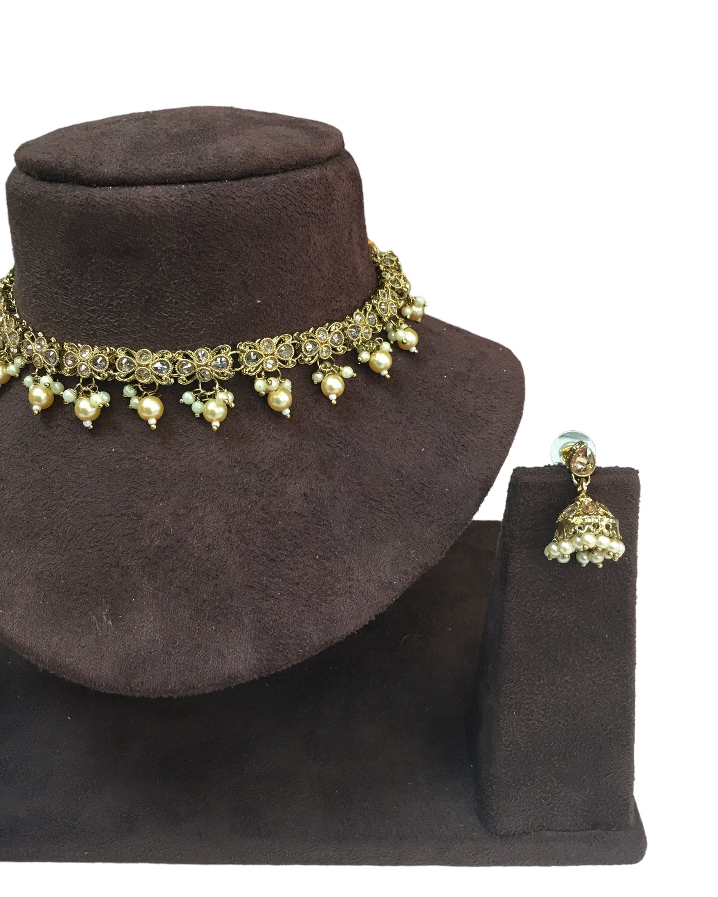 Gold / Nuetral - Small Size Antique Gold Finish Necklace Set with Earrings - VJY402 A 0424