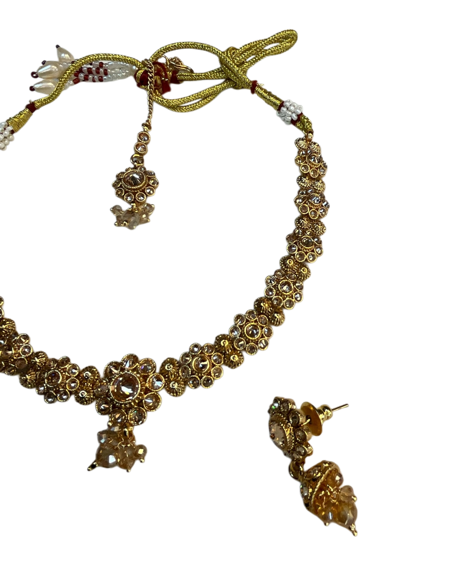 Crystal - Medium Size Gold Finish Necklace Set with Earrings & Head Piece - SLV90 04Cp26