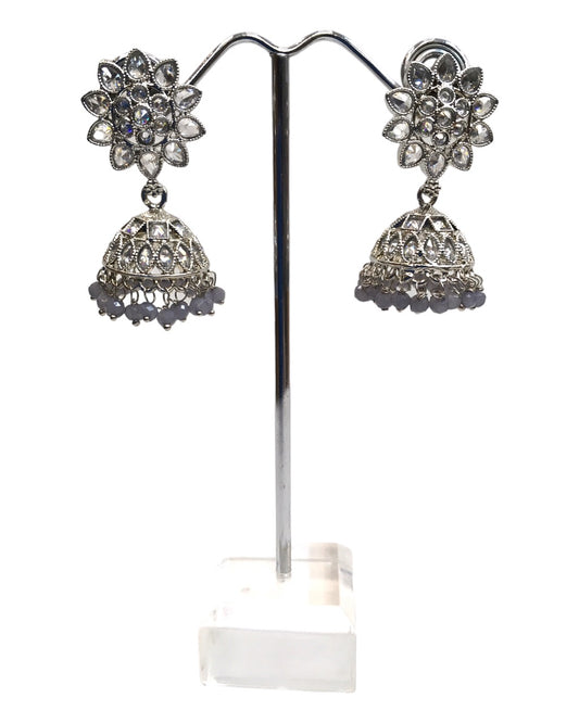 Grey - Small Silver Finish Traditional Zhumki Earrings - Bollywood - Weddings - OMJ2124 J 1023