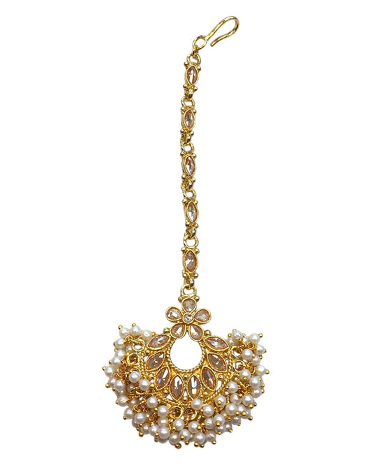 Neutral Gold Pearl - Gold Finish Large Size Tika Head Piece - Indian Ladies Fashion Jewellery - AE2439 11T24