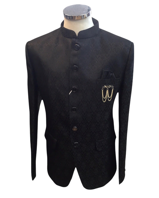 Black - PREMIUM Slim Fit Mens Self Brocade BandhGala / Prince / Chinese Collar Jacket - Fantastic Fit - CS2501 01TA25