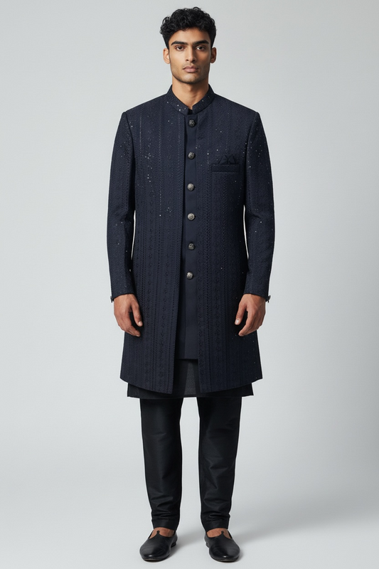 Navy Blue - Mens Knee Length Jacket with Long Waistcoat - Sherwani / Indo-Western - Fantastic Fit - KCS6625 03TT26