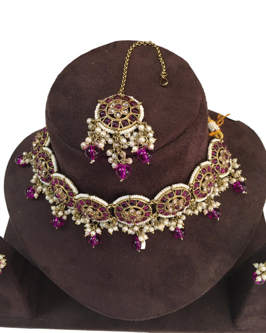 Fuchsia Magenta - Large Size Antique Gold Finish Necklace Set with Earrings - RAK05 VY 0424