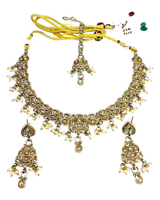 Gold / Neutral - Medium Size Antique Gold Finish Necklace Set with Earrings & Tika Head piece - SAJ04  08C25
