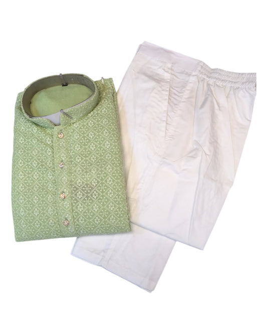 Light Pista Green - Rich Lucknowi Mens Indian Kurta set with Elasticated smart Pants - Weddings / Walimas , Sangeet, Eid, Mehndi / Henna - KCS1037 VR 0225