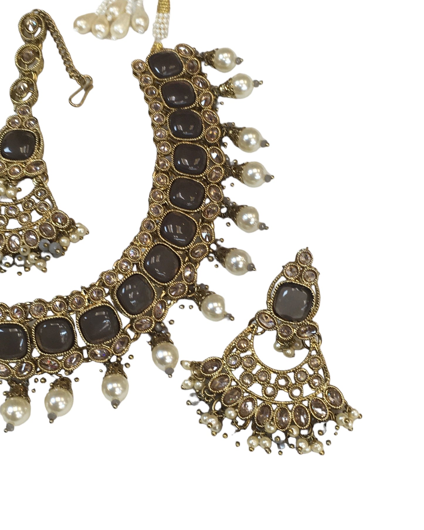 Grey - Large Size Antique Gold Finish Necklace Set with Earrings - PSC469 KV 0424