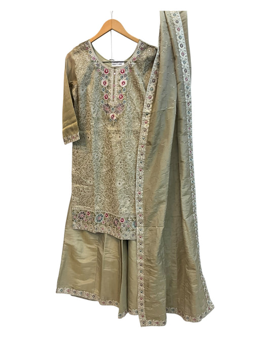 Gold - Ladies Medium Length Top Palazzo Trousers Suit - Size 12 (38") - KTC250149 TK