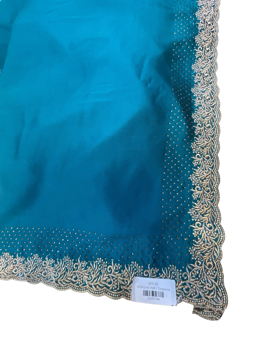 Turquoise Blue - Saree with Thread / Stone Work and Blouse Piece - UK stock - 24hr Dispatch - SP2612 KR